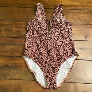 Shade & Shore Leopard Print Brown L One Piece Plunge Neck Swimsuit, tie back